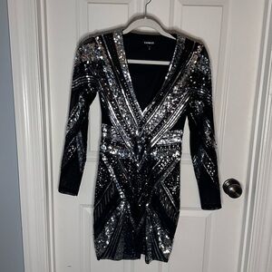 Express Black and Silver Sequin Long Sleeve Dress